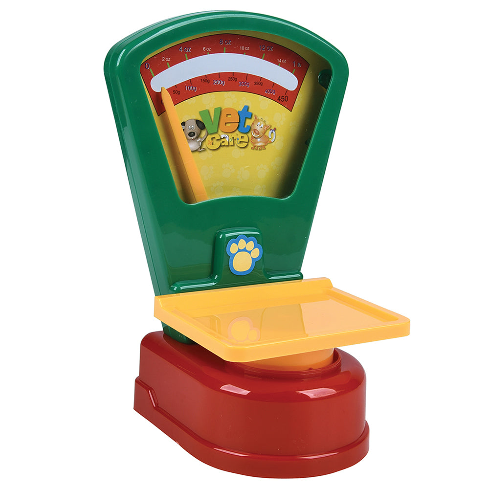 Colorful toy scale with cartoon characters on a white background