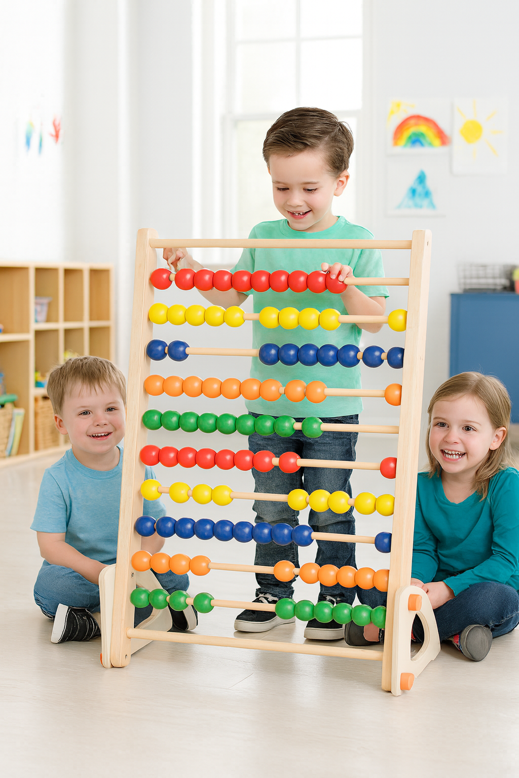 Three children playing with a colorful abacus in a classroom setting.