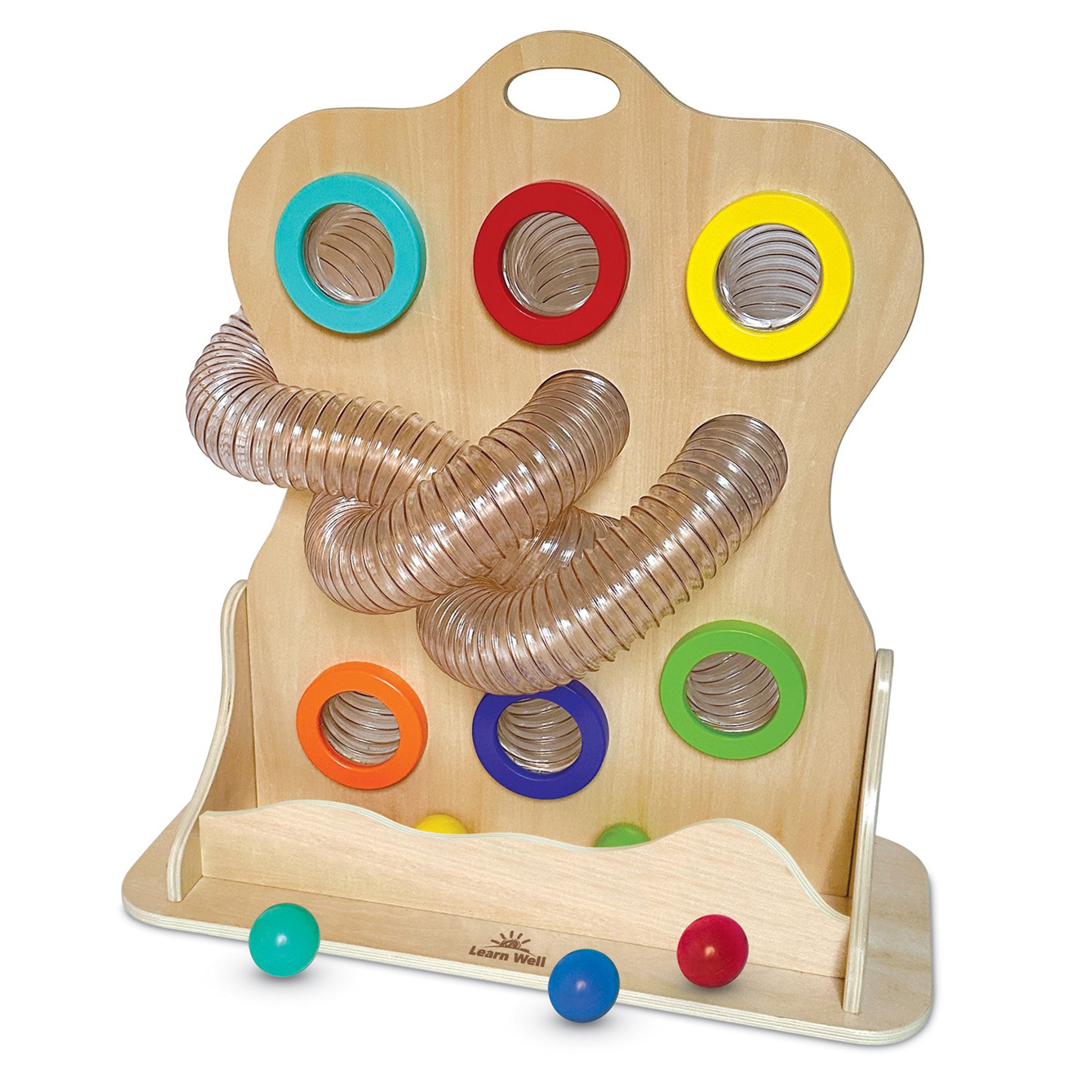 Wooden toy with colorful rings and a clear tube on a white background