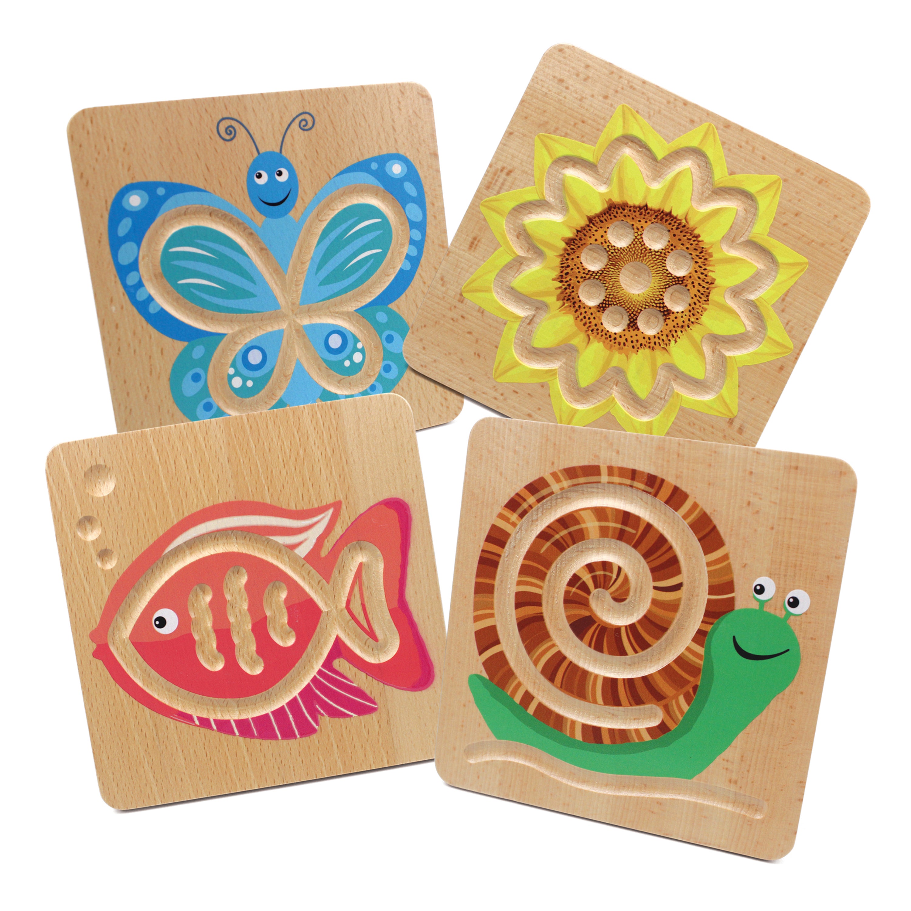 Set of four wooden animal puzzles with butterfly, sunflower, fish, and snail designs on a white background.