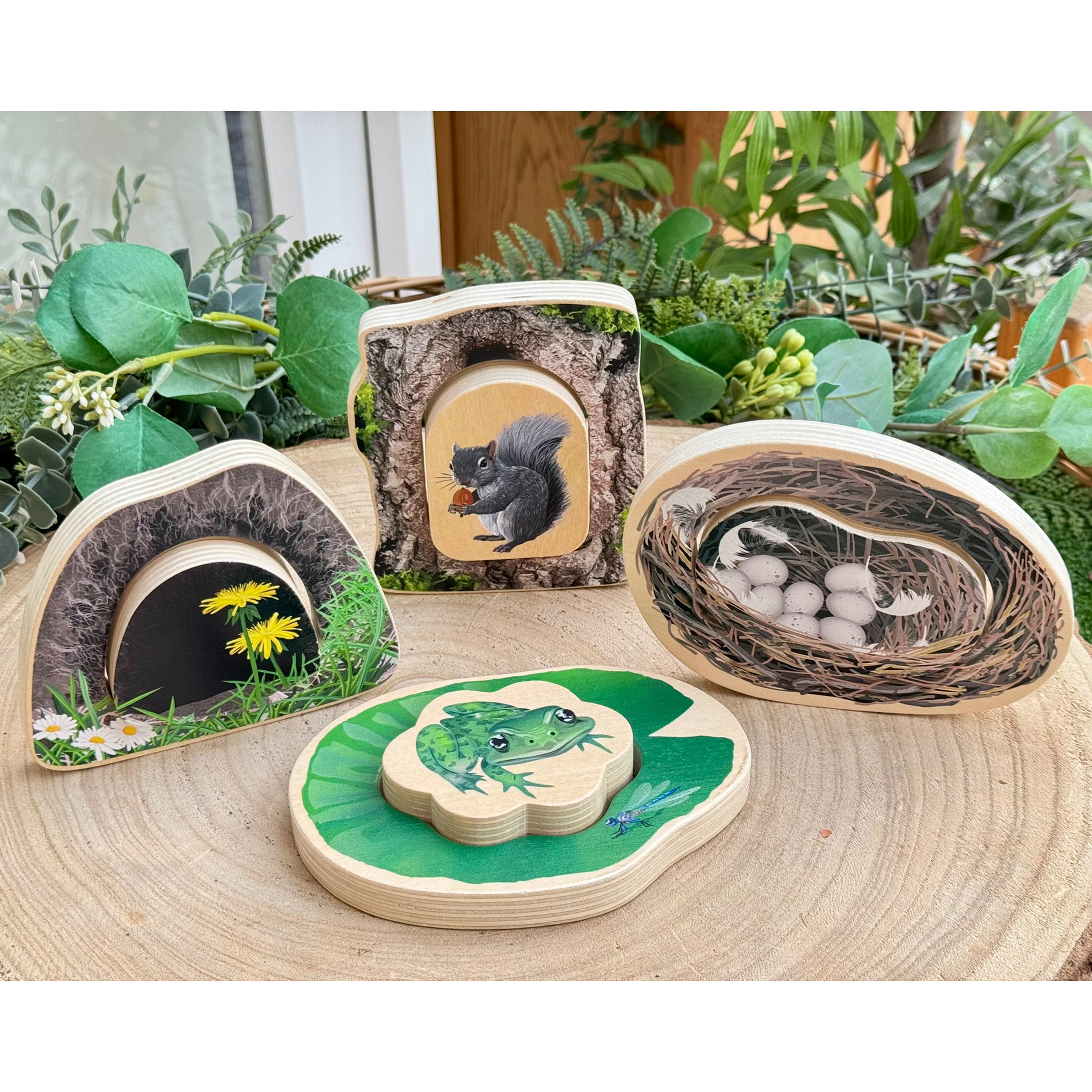 Set of wooden animal habitats with a frog, bird's nest, and squirrel on a natural wood surface.