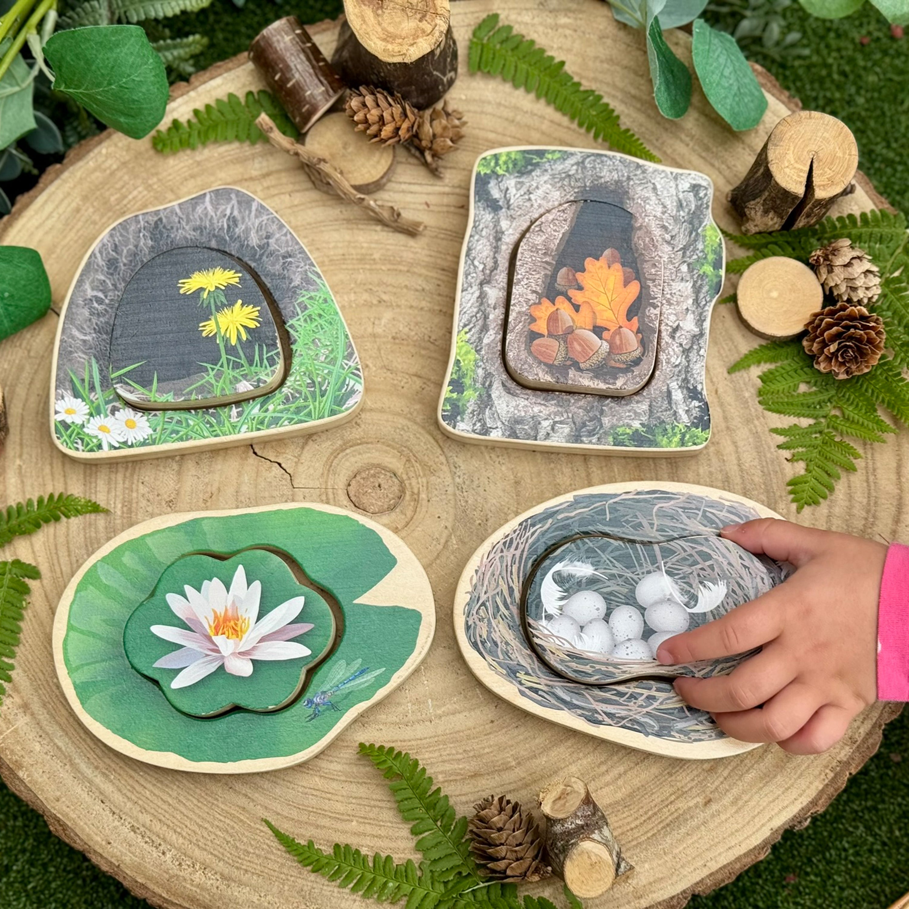 Set of nature-themed puzzles on a wooden surface with a hand interacting with one of them.