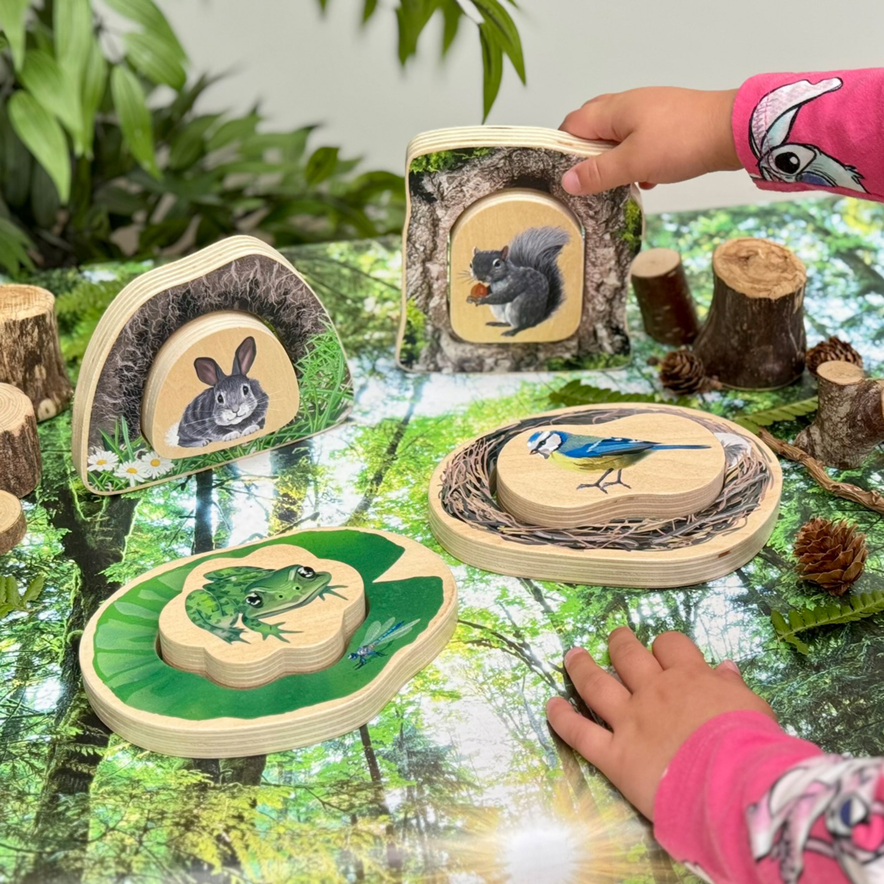 Children's educational toy set with animal illustrations on a natural-themed surface.