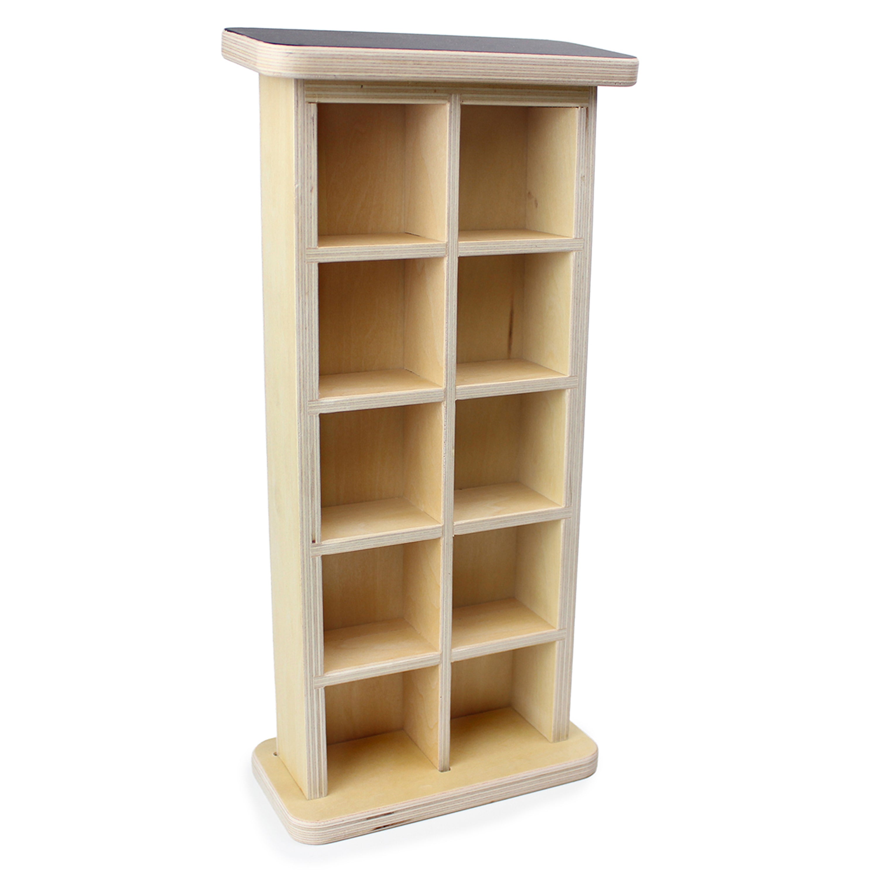 Wooden box with multiple shelves on a white background