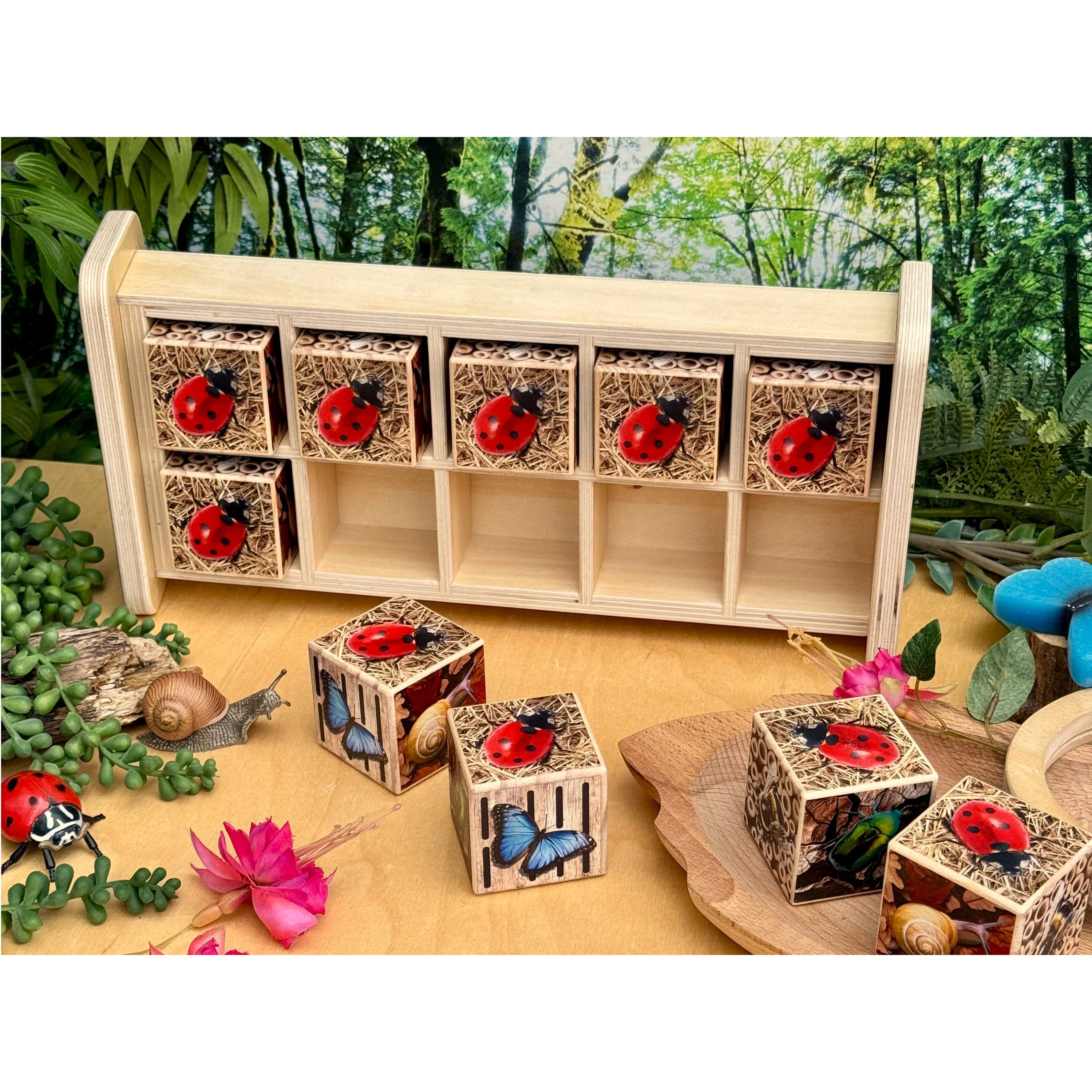 Wooden toy set with ladybug designs on a natural setting