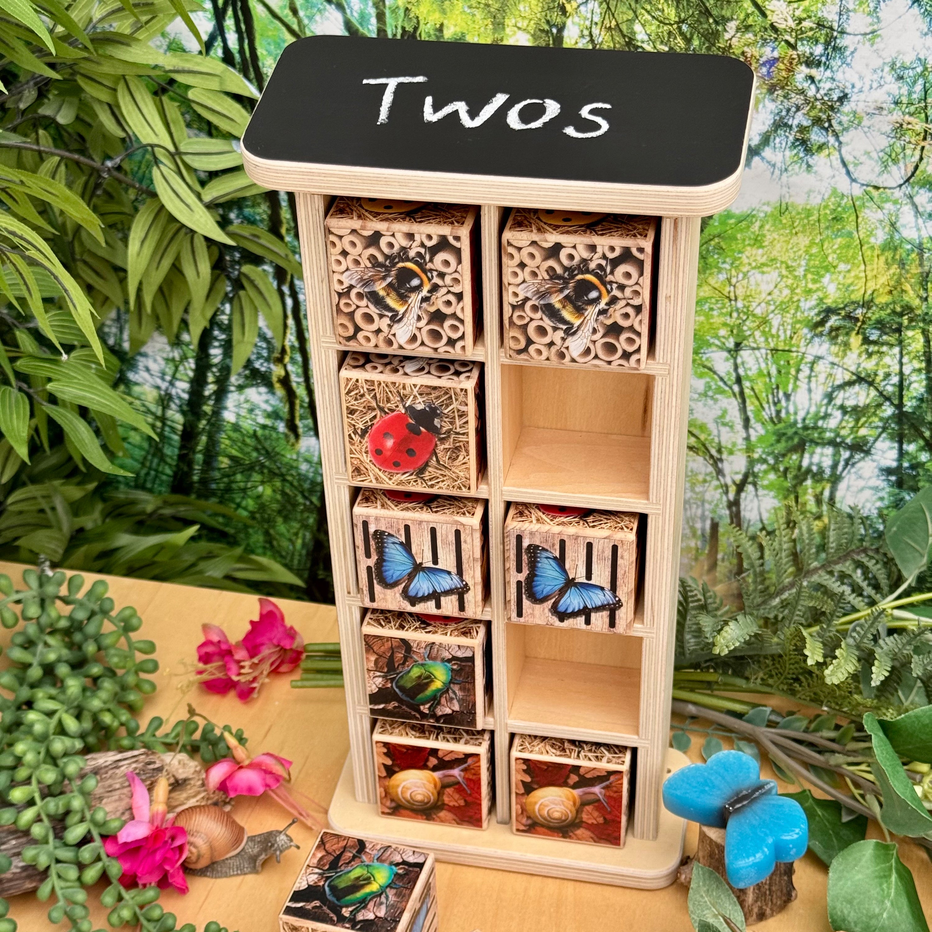 Educational toy with wooden drawers labeled with animal illustrations on a natural background