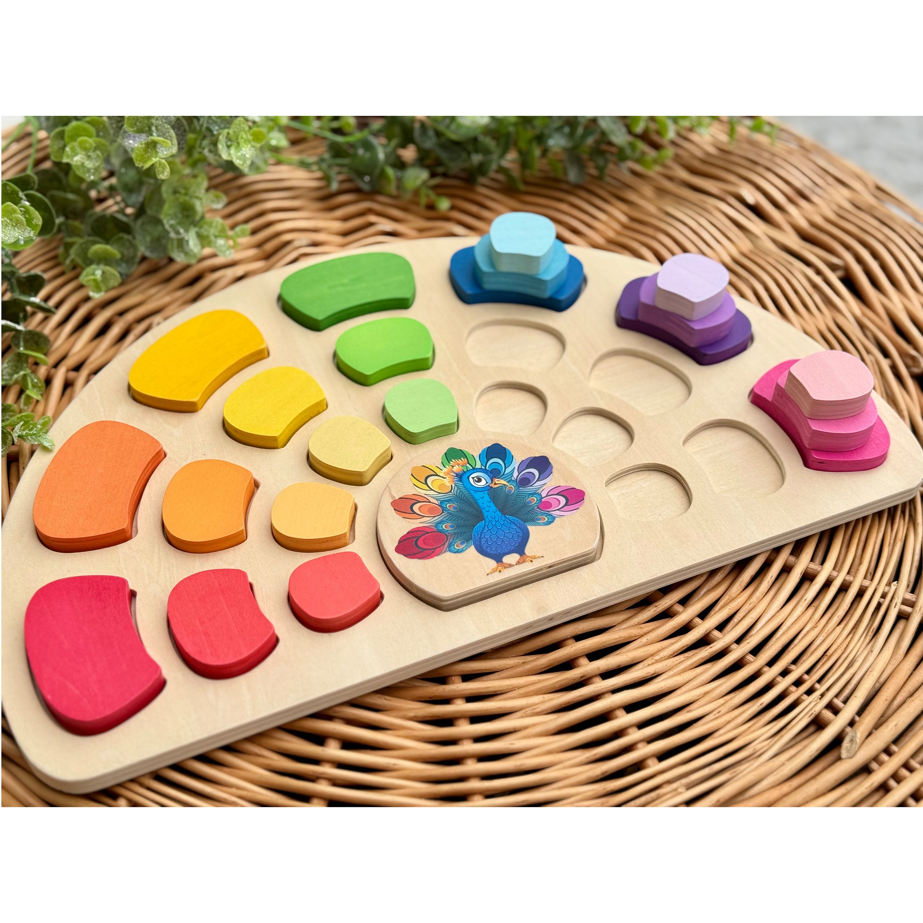 Colorful wooden puzzle with geometric shapes on a woven surface