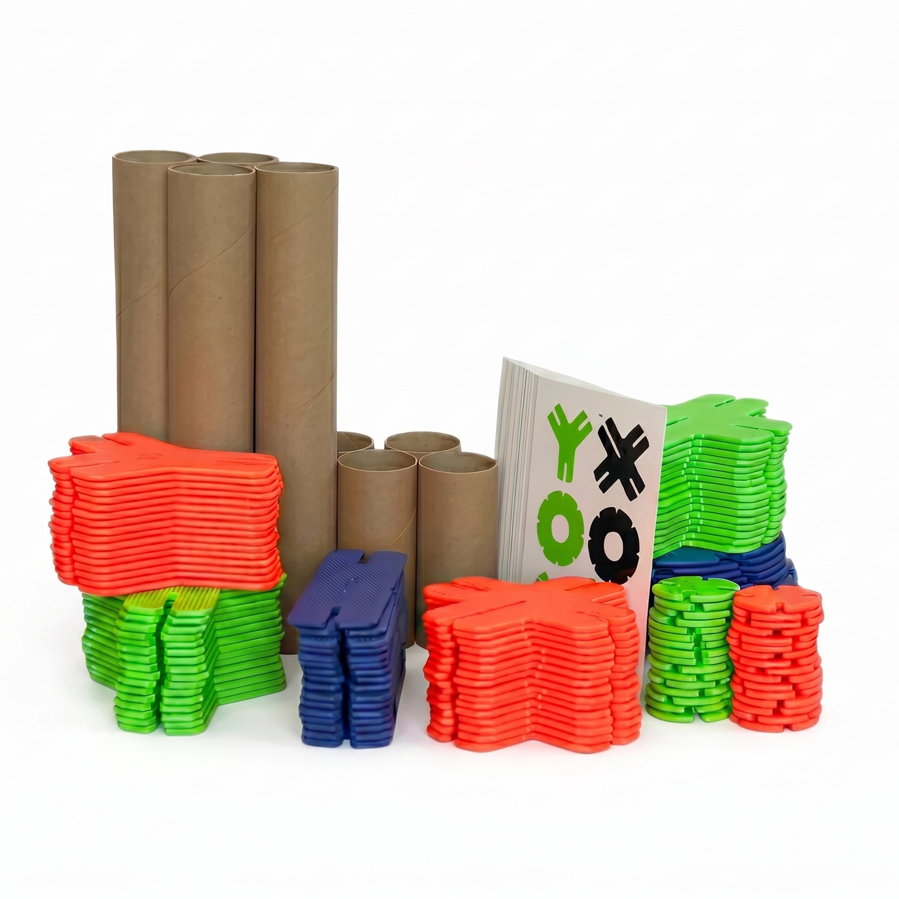 Colorful paper roll crafts with cardboard tubes and paper plates on a white background