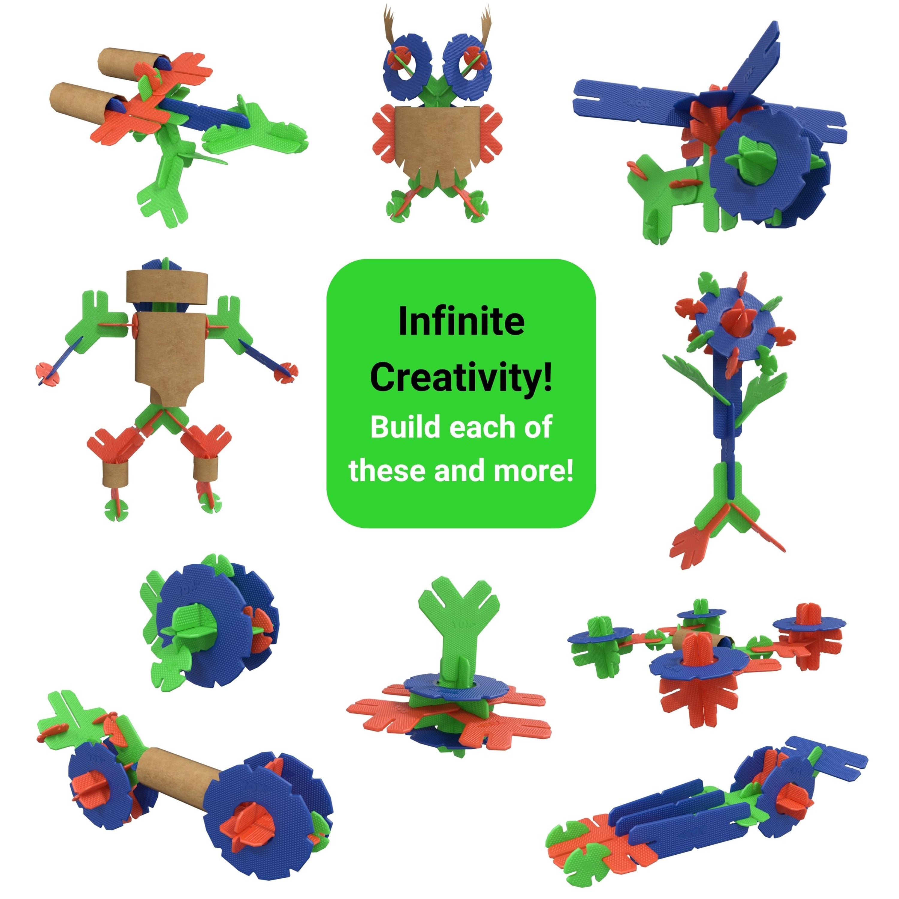 Colorful building toys with text 'Infinite Creativity! Build each of these and more!' on a white background