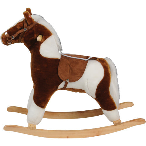 Side View of Interactive Plush Pinto Rocking Horse with Sound