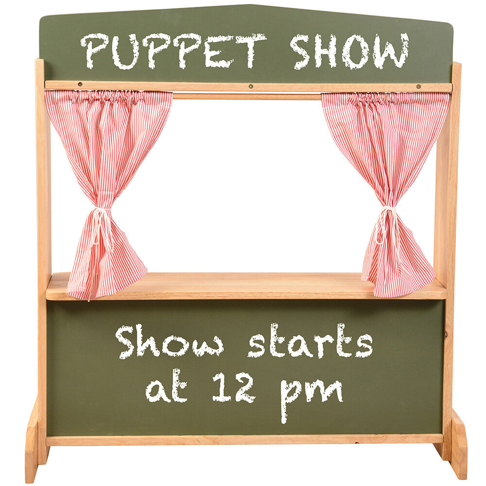 Wooden Puppet Stage with Candy-Stripe Curtains & Chalkboard | Versatile Pretend MTC-411