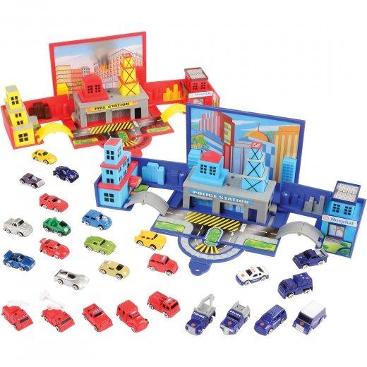 Die Cast Micro Racers Playset | 26 Vehicles & Pop-Up Cityscapes for Ages 3+