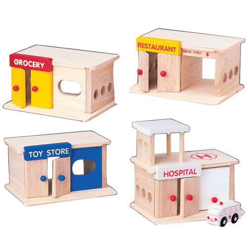 Block Play Set: Hospital, Toy Store, Grocery and Restaurant