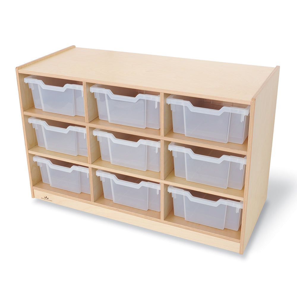 Extra Deep 9-Tray Birch Classroom Storage Unit with Clear Totes & Casters | Mobi